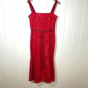 Oscar De La Renta Dress 8 Red Fluted Corded Lace Midi Silk Lined Italian NWT!